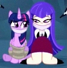 Size: 225x229 | Tagged: safe, artist:beckynatt, edit, twilight sparkle, alicorn, human, pony, g4, bondage, bound and gagged, calm, cloth gag, clothes, cropped, dc comics, dc superhero girls, duo, duo female, female, gag, help us, impressed, looking at each other, looking at someone, relaxed, ribbon bow tie, rope, rope bondage, shirt, sitting, skirt, smiling, smirk, tied up, twilight sparkle (alicorn), waistcoat, zatanna, zee zatara