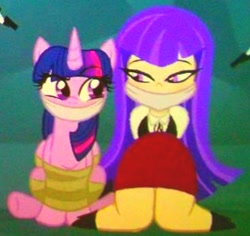 Size: 294x278 | Tagged: safe, artist:beckynatt, twilight sparkle, alicorn, human, pony, g4, bondage, bound and gagged, calm, cloth gag, clothes, cropped, dc comics, dc superhero girls, duo, duo female, female, gag, help us, looking at each other, looking at someone, ribbon bow tie, rope, rope bondage, shirt, sitting, skirt, smiling, smirk, tied up, twilight sparkle (alicorn), waistcoat, zatanna, zee zatara