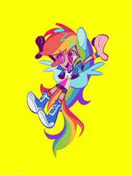 Size: 1445x1927 | Tagged: safe, artist:ember420, rainbow dash, human, equestria girls, g4, cute, dashabetes, human coloration, open mouth, open smile, ponied up, simple background, smiling, solo, yellow background