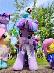 Size: 1728x2304 | Tagged: safe, artist:brella, artist:startil, fluttershy, lyra heartstrings, starlight glimmer, twilight sparkle, alicorn, pegasus, unicorn, g4, clothes, dress, horn, irl, photo, plushie, socks, symbiote