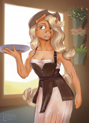 Size: 1636x2251 | Tagged: safe, artist:lisbeth_lindan, applejack, earth pony, anthro, g4, breasts, busty applejack, cleavage, clothes, dress, female, plate, solo, waitress, window