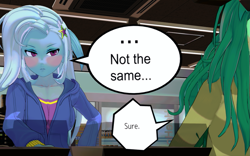 Size: 1157x720 | Tagged: safe, artist:i_fug_p0nes, trixie, wallflower blush, equestria girls, g4, 3d, blushing, dialogue, duo, duo female, female, koikatsu, offscreen character, speech bubble