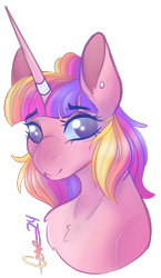 Size: 1830x3166 | Tagged: safe, artist:trashpanda czar, oc, oc only, oc:sugar spell, unicorn, chest fluff, ear piercing, female, hair bun, horn, horn ring, looking at you, mare, medibang paint, piercing, ring, signature, simple background, smiling, solo, transparent background, unicorn oc