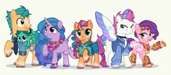 Size: 640x282 | Tagged: safe, artist:frankly_hopeless, hitch trailblazer, izzy moonbow, pipp petals, sparky sparkeroni, sunny starscout, zipp storm, dragon, earth pony, pegasus, pony, unicorn, g4, g5, alternate design, alternate hairstyle, bag, bandana, blaze (coat marking), bracelet, clothes, coat markings, colored hooves, colored wings, crown, cuffs, ear piercing, earring, facial markings, female, floppy ears, folded wings, friendship bracelet, g5 to g4, gauntlet, generation leap, group, hitch is tall, hoodie, hooves, horn, horn jewelry, jacket, jewelry, leonine tail, lidded eyes, male, mane five, mane stripe sunny, mare, multicolored wings, open mouth, open smile, piercing, pipp is short, police uniform, raised hoof, regalia, royal sisters (g5), saddle bag, siblings, simple background, sisters, smiling, socks (coat markings), spread wings, stallion, tail, white background, wings, zipp is tall