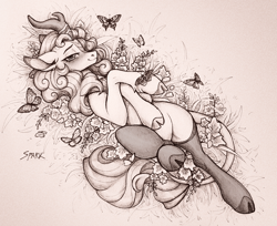 Size: 3434x2800 | Tagged: safe, artist:sparkling_light, autumn blaze, butterfly, kirin, pony, g4, blushing, butterfly on hoof, clothes, cloven hooves, commission, female, flower, horn, insect on hoof, insect on someone, lidded eyes, looking at you, lying down, mare, monochrome, on back, smiling, smiling at you, socks, solo, traditional art