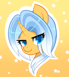 Size: 1795x1999 | Tagged: safe, artist:moocca, derpibooru exclusive, oc, oc only, oc:aurore soleilevant, pony, unicorn, gradient background, head, horn, looking at you, orange coat, solo, starry background