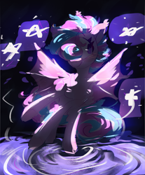 Size: 2480x3000 | Tagged: safe, artist:pakmur, oc, oc only, oc:sweetie swirl, bat pony, commission, dark background, ear tufts, smiling, solo, stars, water, ych result