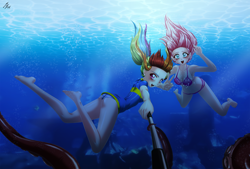 Size: 4000x2707 | Tagged: safe, alternate version, artist:mauroz, fluttershy, rainbow dash, fish, human, octopus, g4, anime, breasts, bubble, cleavage, commission, duo, duo female, female, humanized, ocean, open mouth, open smile, seaweed, selfie, selfie stick, smiling, sunlight, swimming, tentacles, underwater, water