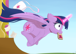 Size: 1998x1433 | Tagged: safe, artist:arcane-thunder, twilight sparkle, alicorn, pony, g4, atg 2023, bag, bread, female, flowing tail, flying, food, glowing, glowing horn, grass, horn, levitation, magic, magic aura, mare, newbie artist training grounds, outdoors, paper, profile, saddle bag, schoolgirl toast, side view, solo, tail, tardy, telekinesis, twilight sparkle (alicorn), twilight's castle, wings
