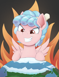 Size: 1912x2500 | Tagged: safe, artist:arcane-thunder, cozy glow, pegasus, pony, g4, atg 2022, earth, evil smile, female, filly, foal, grin, high res, newbie artist training grounds, smiling, solo, spread wings, wings