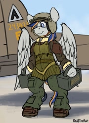 Size: 1357x1888 | Tagged: safe, artist:reddthebat, oc, oc only, oc:liberty belle, pegasus, semi-anthro, b-17 flying fortress, clothes, helmet, hoof hold, military uniform, plane, signature, smiling, solo, uniform