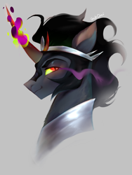 Size: 1080x1440 | Tagged: safe, artist:unclechai, king sombra, pony, unicorn, g4, dark magic, gray background, horn, magic, male, simple background, solo, sombra eyes