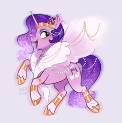Size: 1913x1936 | Tagged: safe, artist:peachmichea, pipp petals, alicorn, pony, g5, adorapipp, alicornified, circlet, cute, female, fur collar, jewelry, mare, open mouth, open smile, pearl, pippcorn, race swap, rearing, simple background, smiling, solo, spread wings, tail, tail jewelry, white background, wing jewelry, wings