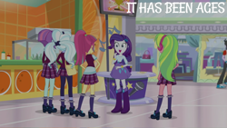 Size: 2000x1125 | Tagged: safe, edit, edited screencap, editor:quoterific, screencap, lemon zest, rarity, ringo, sour sweet, sugarcoat, sunny flare, human, equestria girls, equestria girls specials, g4, my little pony equestria girls: dance magic, boots, clothes, crystal prep academy uniform, female, headphones, leggings, pleated skirt, ponytail, school uniform, schoolgirl, shoes, skirt