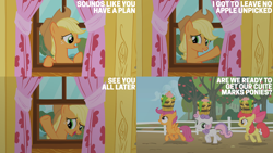 Size: 2000x1125 | Tagged: safe, edit, edited screencap, editor:quoterific, screencap, apple bloom, applejack, scootaloo, sweetie belle, pony, g4, my little pony: friendship is magic, season 1, the show stoppers, clubhouse, crusaders clubhouse, cutie mark crusaders, female, fence, filly, foal, mare