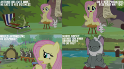 Size: 2000x1125 | Tagged: safe, edit, edited screencap, editor:quoterific, screencap, angel bunny, antoine, fluttershy, harry, smoky, smoky jr., softpad, elephant, snake, g4, she talks to angel, bridge, river, stool, stream, sweet feather sanctuary, water