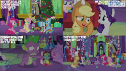 Size: 2000x1125 | Tagged: safe, edit, edited screencap, editor:quoterific, screencap, applejack, discord, fluttershy, holly the hearths warmer doll, pinkie pie, princess cadance, princess flurry heart, rainbow dash, rarity, shining armor, spike, twilight sparkle, alicorn, draconequus, dragon, earth pony, pegasus, pony, unicorn, g4, my little pony best gift ever, female, food, horn, male, mane seven, mane six, present, pudding, twilight sparkle (alicorn), twilight's castle, winged spike, wings