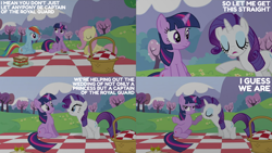 Size: 2000x1125 | Tagged: safe, edit, edited screencap, editor:quoterific, screencap, fluttershy, rainbow dash, rarity, twilight sparkle, unicorn, a canterlot wedding, g4, basket, food, picnic basket, picnic blanket, sandwich, unicorn twilight