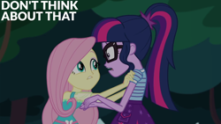 Size: 2000x1125 | Tagged: safe, edit, edited screencap, editor:quoterific, screencap, fluttershy, sci-twi, twilight sparkle, equestria girls, g4, my little pony equestria girls: choose your own ending, stressed in show, duo, duo female, female, forest, nature, tree