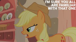 Size: 1920x1080 | Tagged: safe, edit, edited screencap, editor:quoterific, screencap, applejack, earth pony, pony, g4, look before you sleep, season 1, applejack's hat, cowboy hat, female, golden oaks library, hat, mare, solo