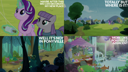 Size: 2000x1125 | Tagged: safe, edit, edited screencap, editor:quoterific, screencap, maud pie, starlight glimmer, g4, rock solid friendship, duo, duo female, female, kite, kite flying, mailbox, maud's cave, pier, tree, water, waterfall