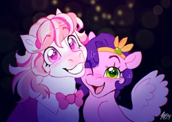 Size: 1922x1368 | Tagged: safe, artist:catmintyt, pipp petals, horse, pegasus, pony, g5, adorapipp, bowtie, candi (wild manes), crossover, cute, diadem, duo, duo female, eye clipping through hair, eyebrows, eyebrows visible through hair, female, grin, jewelry, mare, one eye closed, open mouth, open smile, regalia, signature, smiling, spread wings, wild manes, wings