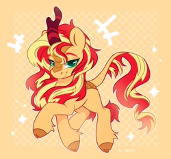 Size: 2138x1994 | Tagged: safe, artist:shelti, sunset shimmer, kirin, g4, cloven hooves, emanata, female, high res, kirin sunset, kirin-ified, leonine tail, mare, outline, solo, sparkles, species swap, tail, white outline