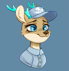 Size: 3397x3507 | Tagged: safe, artist:periwinkle, oc, oc only, oc:elain olsen, deer, reindeer, equestria at war mod, antlers, blue eyes, clothes, commission, deer oc, doe, female, military uniform, nature, non-pony oc, olenia, reindeer antlers, scar, scarred, simple background, snow, soldier, solo, uniform, winter