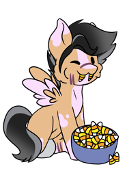 Size: 1363x1836 | Tagged: safe, artist:noxi1_48, oc, oc only, oc:alexia, pegasus, pony, black sclera, candy, candy bowl, candy corn, chipmunk cheeks, cute, fangs, fluffy mane, food, halloween, holiday, looking at you, nightmare night, one eye closed, silly, silly pony, simple background, solo, spread wings, transparent background, wings, wink, winking at you