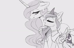 Size: 2780x1811 | Tagged: safe, artist:magnaluna, princess celestia, princess luna, alicorn, pony, g4, collar, crown, duo, duo female, ear fluff, eyes closed, female, floppy ears, folded wings, grayscale, horn, jewelry, mare, monochrome, open mouth, open smile, peytral, profile, regalia, royal sisters, siblings, side view, simple background, sisters, sketch, smiling, white background, wings