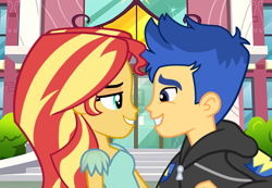 Size: 1074x742 | Tagged: safe, artist:3d4d, flash sentry, sunset shimmer, human, equestria girls, g4, canterlot high, duo, duo male and female, female, looking at each other, looking at someone, male, ship:flashimmer, shipping, smiling, straight