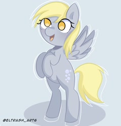 Size: 1958x2048 | Tagged: safe, artist:eltrash_art6, derpy hooves, pegasus, pony, g4, bipedal, cute, derpabetes, female, gray background, mare, open mouth, simple background, solo