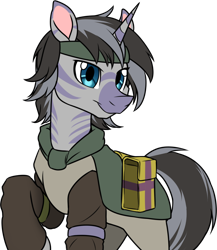 Size: 1270x1460 | Tagged: safe, artist:thescornfulreptilian, oc, oc only, oc:forged nickle, hybrid, zony, bag, horn, male, saddle bag, simple background, solo, transparent background