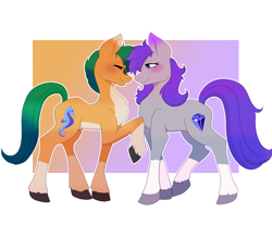 Size: 3837x3176 | Tagged: safe, artist:sagegreenpossum, oc, oc only, oc:glitter stone, oc:skyena, earth pony, pony, seahorse, g4, g5, artfight, artfight 2024, blue eyes, blushing, coat markings, couple, cute, diamond, diamond cutie mark, digital art, duo, duo female, earth pony oc, eyes closed, female, femare, full body, green hair, green mane, green tail, hair over one eye, happy, lesbian, mare, markings, nose to nose, not hitch trailblazer, not maud pie, not rarity, ponysona, purple mane, purple tail, raised hoof, side view, simple background, smiling, socks (coat markings), tail, tomboy, transparent background, wholesome