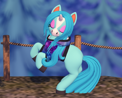 Size: 1262x1009 | Tagged: safe, artist:mosssong, pony, unicorn, open pony, 3d, animal crossing, clothes, crossover, eyes closed, eyeshadow, femboy, hoodie, horn, julian (animal crossing), makeup, male, ponified, rearing, second life, solo, stallion