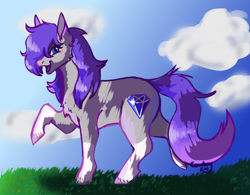 Size: 4100x3200 | Tagged: safe, artist:wholesomecowboy, oc, oc only, oc:glitter stone, earth pony, pony, g4, g5, artfight, artfight 2024, blue eyes, blushing, cloud, coat markings, day, diamond, diamond cutie mark, digital art, earth pony oc, female, full body, grass, gray coat, grey fur, hair over one eye, hooves, long mane, long tail, looking at you, mare, nature, not maud pie, not rarity, ponysona, purple hair, purple mane, purple tail, raised hoof, side view, sky, smiling, smiling at you, socks (coat markings), solo, tail, trotting, wholesome