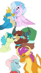 Size: 827x1458 | Tagged: safe, artist:jinx32297, gallus, ocellus, sandbar, silverstream, smolder, yona, changedling, changeling, classical hippogriff, dragon, earth pony, griffon, hippogriff, yak, g4, alternate design, dragoness, fangs, female, jewelry, kissing, lesbian, male, necklace, older, older gallus, older ocellus, older sandbar, older silverstream, older smolder, older yona, ship:gallstream, ship:smolcellus, ship:yonabar, shipping, simple background, straight, student six, white background