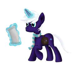 Size: 2448x2048 | Tagged: safe, artist:quantum infinitely, oc, oc only, oc:night blaze, pony, unicorn, backpack, bag, clothes, cyan eyes, horn, magic, male, male oc, purple coat, saddle bag, scarf, simple background, solo, stallion, striped scarf, telekinesis, transparent background, white mane