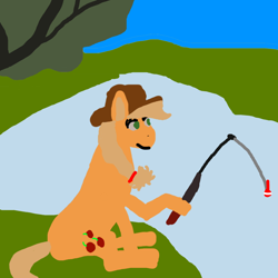 Size: 1400x1400 | Tagged: safe, artist:goofyartist4451, applejack, g4, 1000 hours in ms paint, fishing, fishing rod, goofy, green eyes, lake, sitting, solo, water