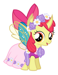 Size: 374x484 | Tagged: safe, artist:arkogon, apple bloom, changedling, changeling, changepony, hybrid, g4, apple bloom's bow, bloomling, bow, changedlingified, changelingified, clothes, dress, female, filly, flower filly, flower girl, flower girl dress, foal, hair bow, simple background, smiling, solo, species swap, transparent background, vector