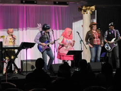 Size: 1024x768 | Tagged: safe, artist:brinycosplay, artist:the shake ups, applejack, fluttershy, pinkie pie, twilight sparkle, human, g4, clothes, cosplay, costume, electric guitar, guitar, irl, irl human, musical instrument, photo, ponycon 2016, ponycon nyc