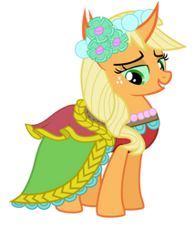 Size: 342x400 | Tagged: safe, artist:arkogon, applejack, changedling, changeling, changepony, hybrid, g4, applejack also dresses in style, bridesmaid applejack, bridesmaid dress, changedlingified, changelingified, clothes, dress, female, freckles, grin, lidded eyes, simple background, smiling, solo, species swap, transparent background, vector