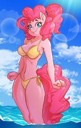 Size: 2360x3736 | Tagged: safe, artist:witchtaunter, pinkie pie, anthro, g4, beach, bikini, clothes, commission, female, looking at you, ocean, side-tie bikini, skinny, sky, slender, smiling, smiling at you, solo, swimsuit, thin, water, yellow bikini