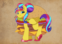 Size: 4961x3508 | Tagged: safe, artist:haruh_ink, oc, oc only, oc:sesame slider, alicorn, pony, burger, burger costume, cheeseburger, cheeseburger costume, clothes, costume, food, food costume, hamburger, solo