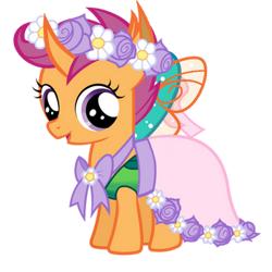 Size: 350x350 | Tagged: safe, artist:arkogon, scootaloo, changedling, changeling, changepony, hybrid, pony, g4, changedlingified, changelingified, clothes, cute, cutealoo, dress, female, filly, floral head wreath, flower, flower filly, flower girl, flower girl dress, foal, headcanon, headcanon in the description, open mouth, open smile, scootaling, simple background, smiling, solo, species swap, transparent background, vector