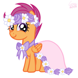 Size: 1280x1280 | Tagged: safe, artist:gregory-the-griffon, scootaloo, pegasus, pony, g4, clothes, cute, cute smile, cutealoo, dress, eyelashes, female, filly, floral head wreath, flower, flower filly, flower girl, flower girl dress, foal, simple background, smiling, solo, transparent background, vector