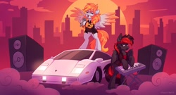 Size: 1920x1040 | Tagged: safe, artist:skysorbett, oc, oc only, oc:shadow sky, oc:wind east, bat pony, pegasus, pony, 80s, bat pony oc, bipedal, car, city, cityscape, clothes, duo, eyes closed, female, fog, kung fury, lamborghini countach, looking at you, male, mare, microphone, musical instrument, open mouth, pegasus oc, retrowave, singing, speaker, spread wings, stallion, sun, synthesizer, wings