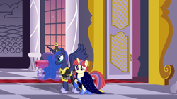 Size: 4624x2604 | Tagged: safe, artist:osipush, artist:sidorovich, artist:zacatron94, moondancer, princess luna, alicorn, pony, unicorn, g4, cape, carpet, checkered floor, clothes, coronation dress, date, dialogue in the description, dress, duo, duo female, female, grand galloping gala, heroes of might and magic, horn, lesbian, luna's ceremonial crown, lunadancer, mare, open door, pillar, ponies of flight and magic, raised hoof, recolor, red carpet, shipping, spread wings, wings