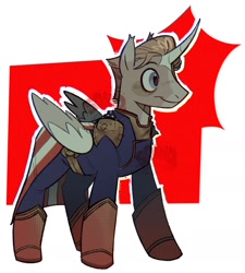 Size: 1372x1524 | Tagged: safe, artist:angry_squid_, alicorn, pony, belt, boots, cape, clothes, crossover, curved horn, gloves, homelander, horn, male, markings, pants, ponified, shirt, shoes, shoulder pads, solo, stallion, superhero, supervillain, the boys