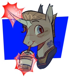 Size: 1191x1301 | Tagged: safe, artist:angry_squid_, alicorn, pony, clothes, crossover, drink, drinking, drinking straw, glowing, glowing horn, homelander, horn, magic, male, markings, milkshake, ponified, shirt, solo, stallion, superhero, the boys